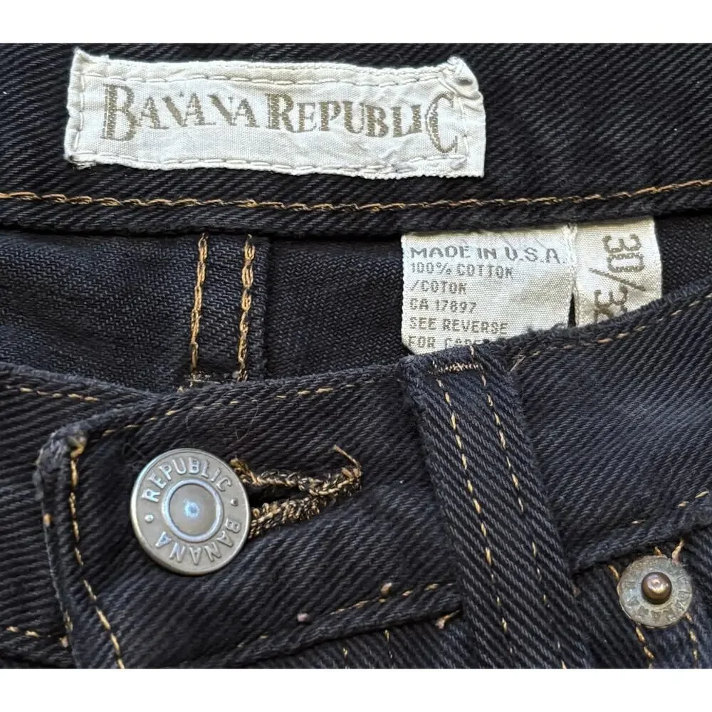 Vintage Banana Republic Black Straight Jeans Contrast Stitch Button Fly 29x32